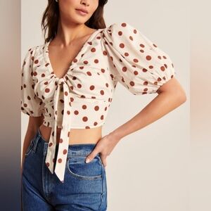 Abercrombie & Fitch Polka Dot Tie Front Puff Sleeve Top